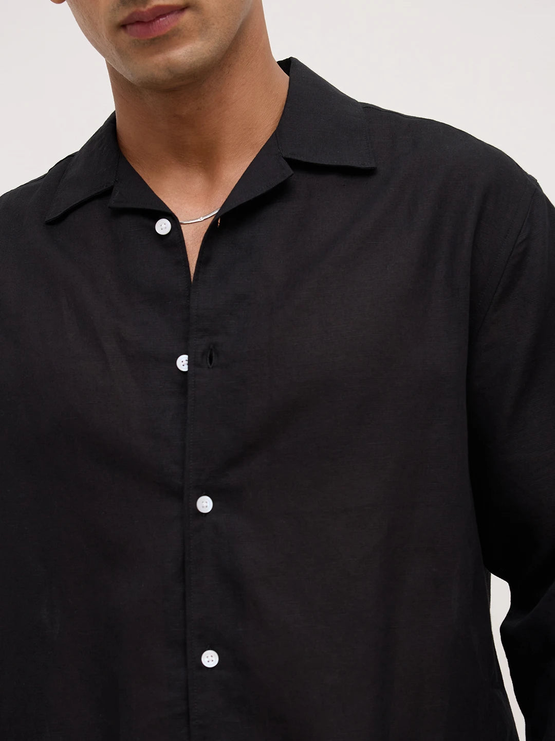 Luxe Black Linen Blend Notch Collar Oversized Shirt