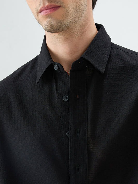 Jet Black Sheer Weave Boxy Fit Crop Shirt