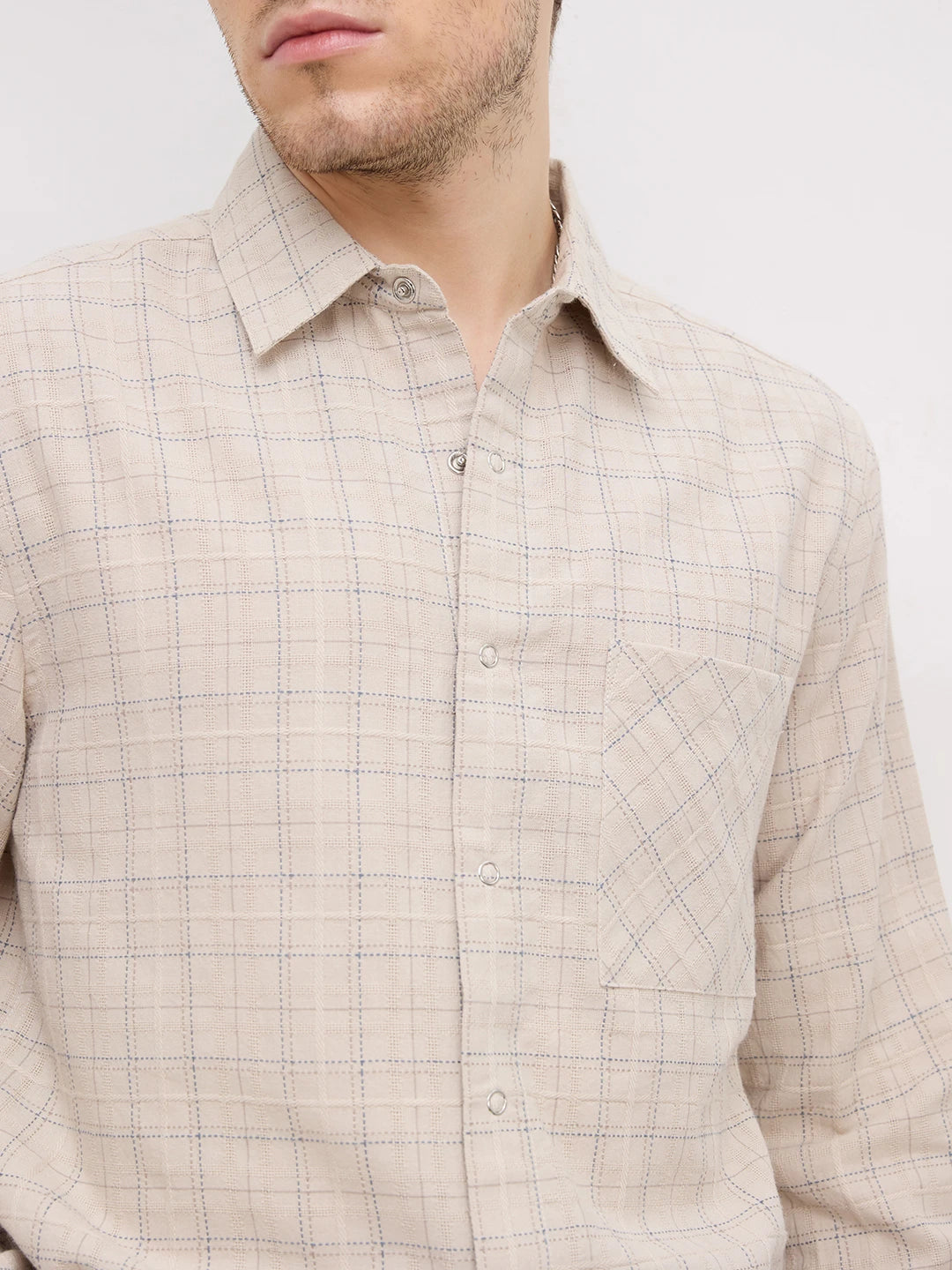 Beige & Blue Loomscape Checks Straight Hem Oversized Shirt