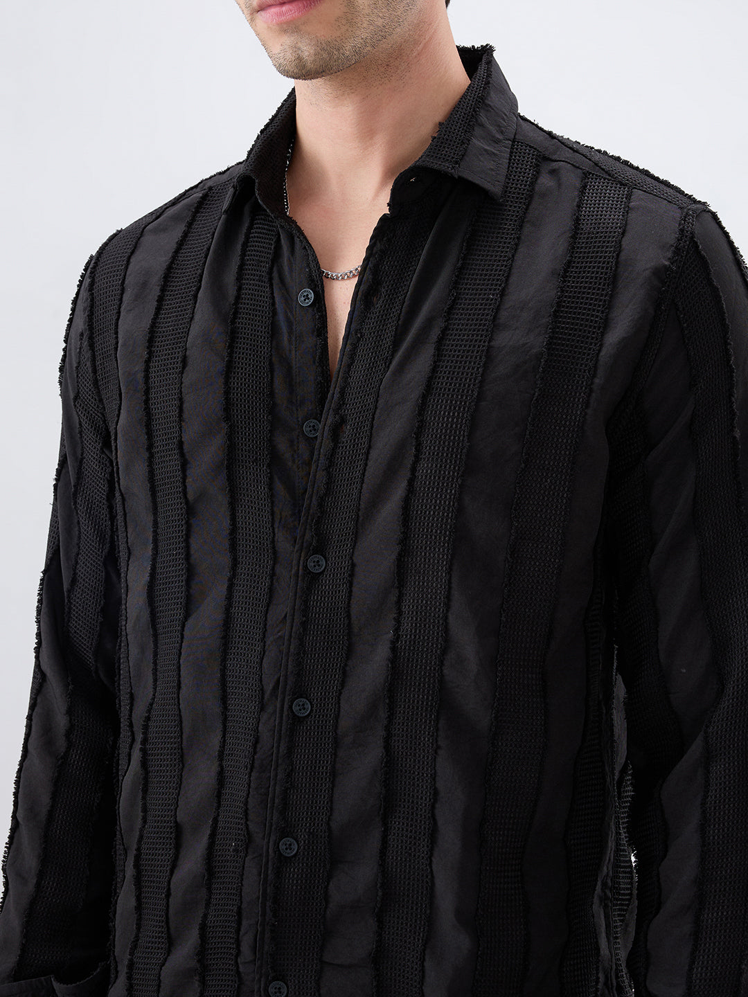 Jet Black Frayed Panelled Waffle Textured Shirt