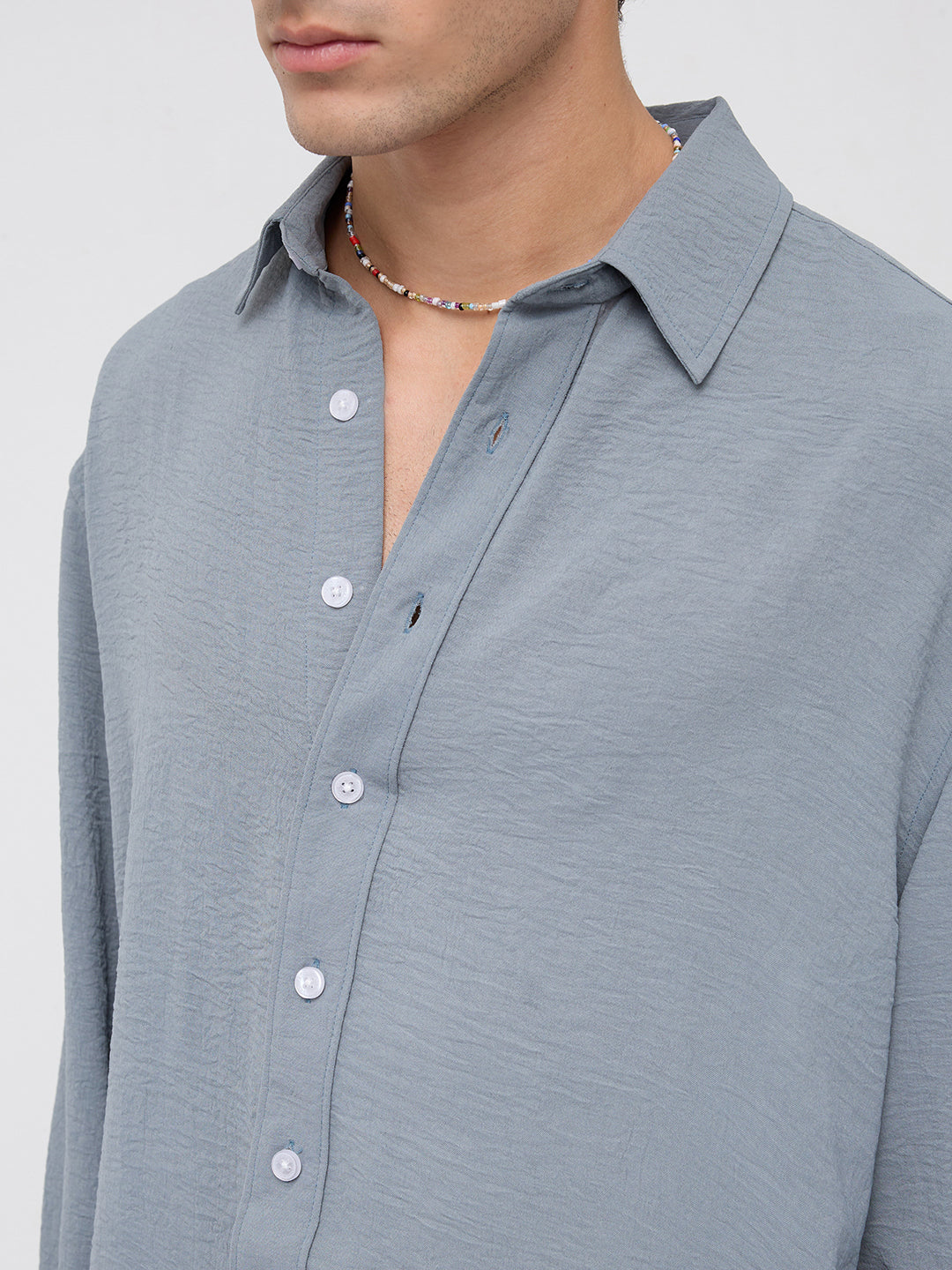 Plush Steel Grey Lightweight Crinkled Boxy Fit Crop Shirt