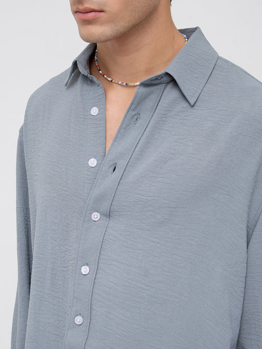 Plush Steel Grey Lightweight Crinkled Boxy Fit Crop Shirt