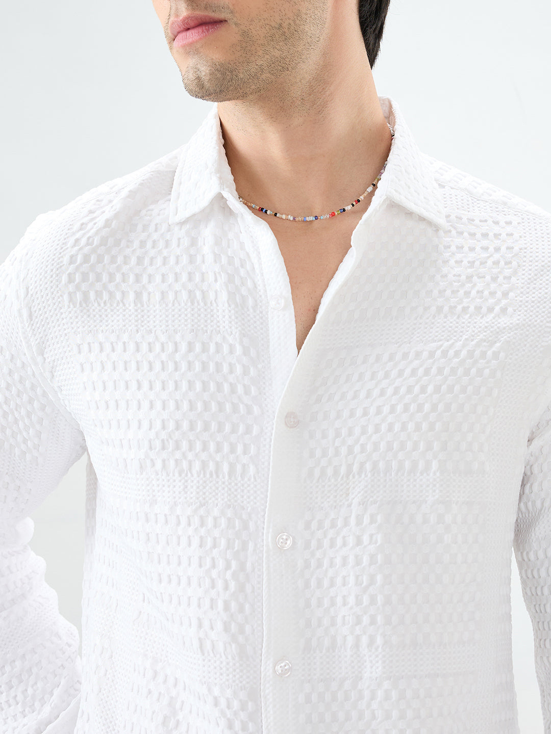 Snow White Geometric Grid Embossed Shirt