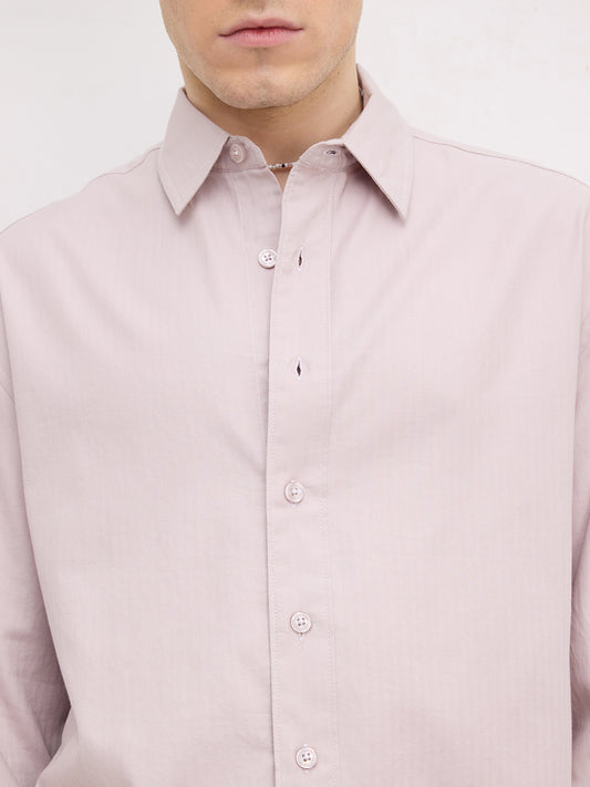 Warm Beige Herringbone Textured Boxy Fit Crop Shirt
