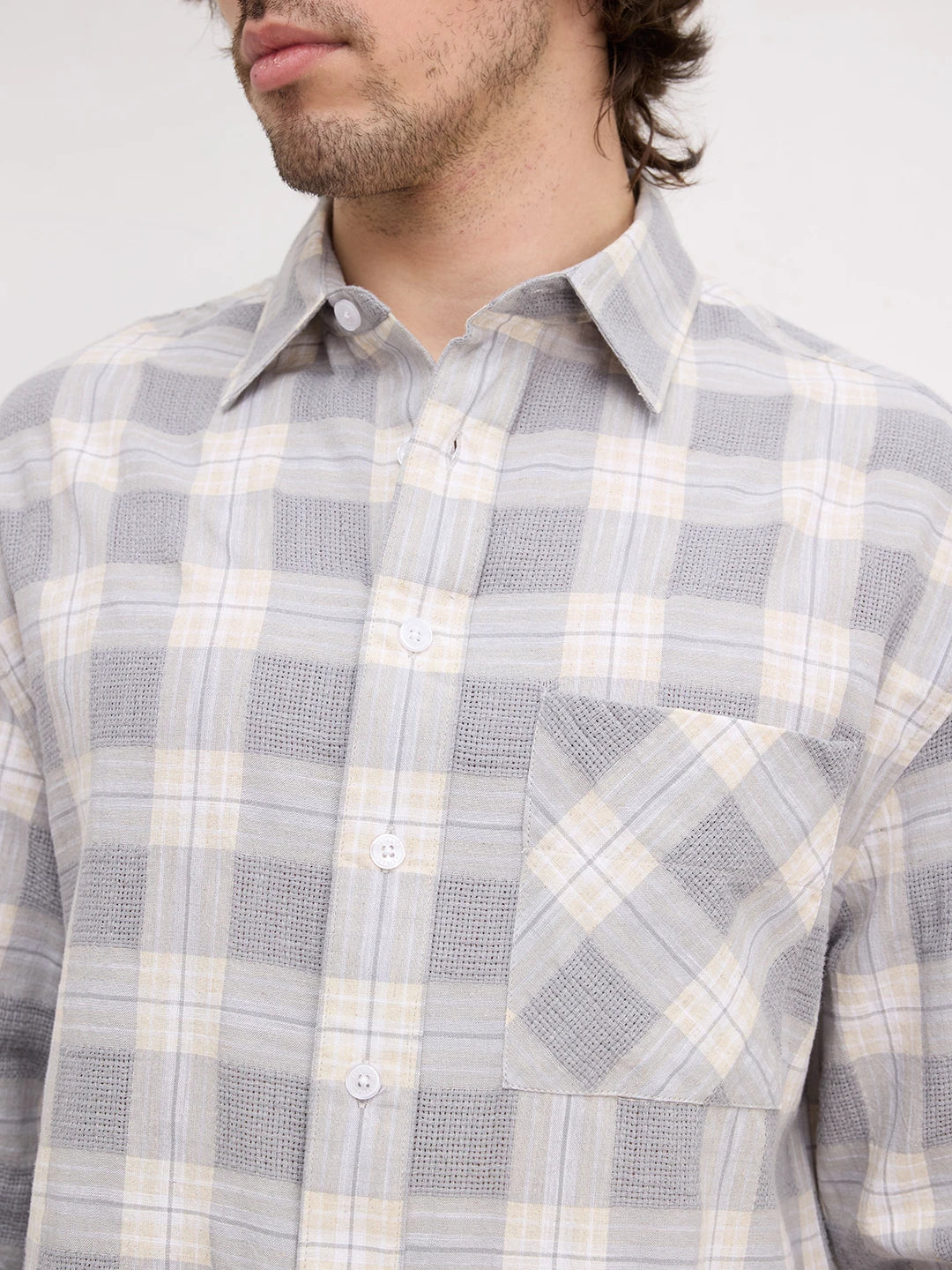 Grey & Beige Structured Check Weave Boxy Fit Crop Shirt