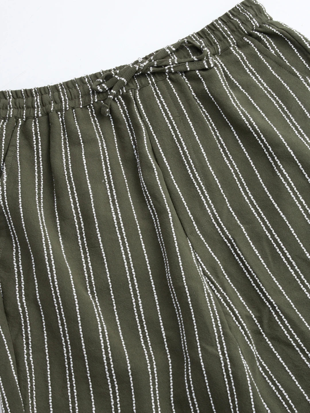 Artistic Olive Crochet Striped Straight Fit Trousers