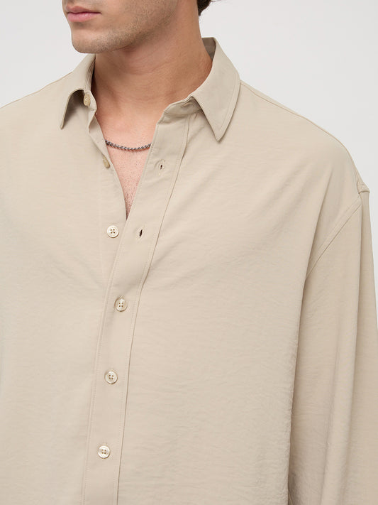Sand Beige Velour Finish Boxy Fit Crop Shirt