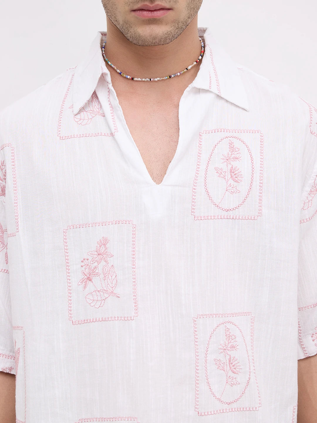 Old Rose Pink Florèal Frame Embroidery Polo Oversized Shirt