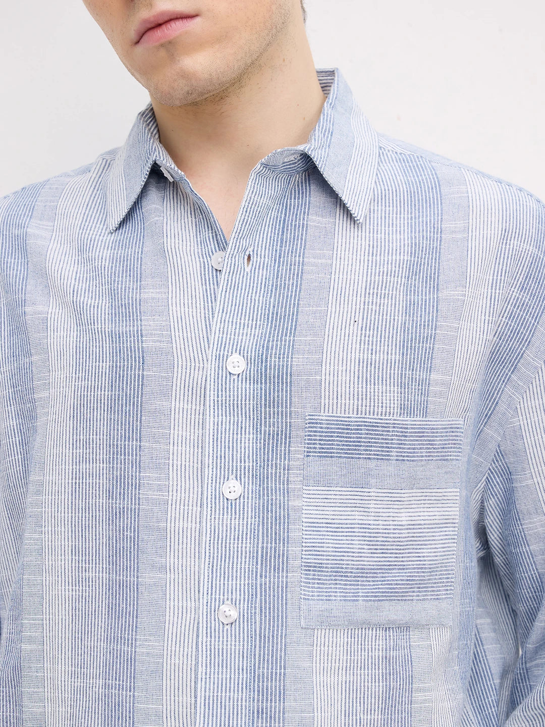Blue Rhythmic Weave Striped Boxy Fit Crop Shirt