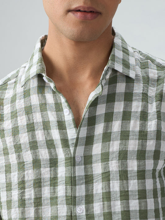 Plush Forest Green & White Gingham Checks Crinkled Shirt