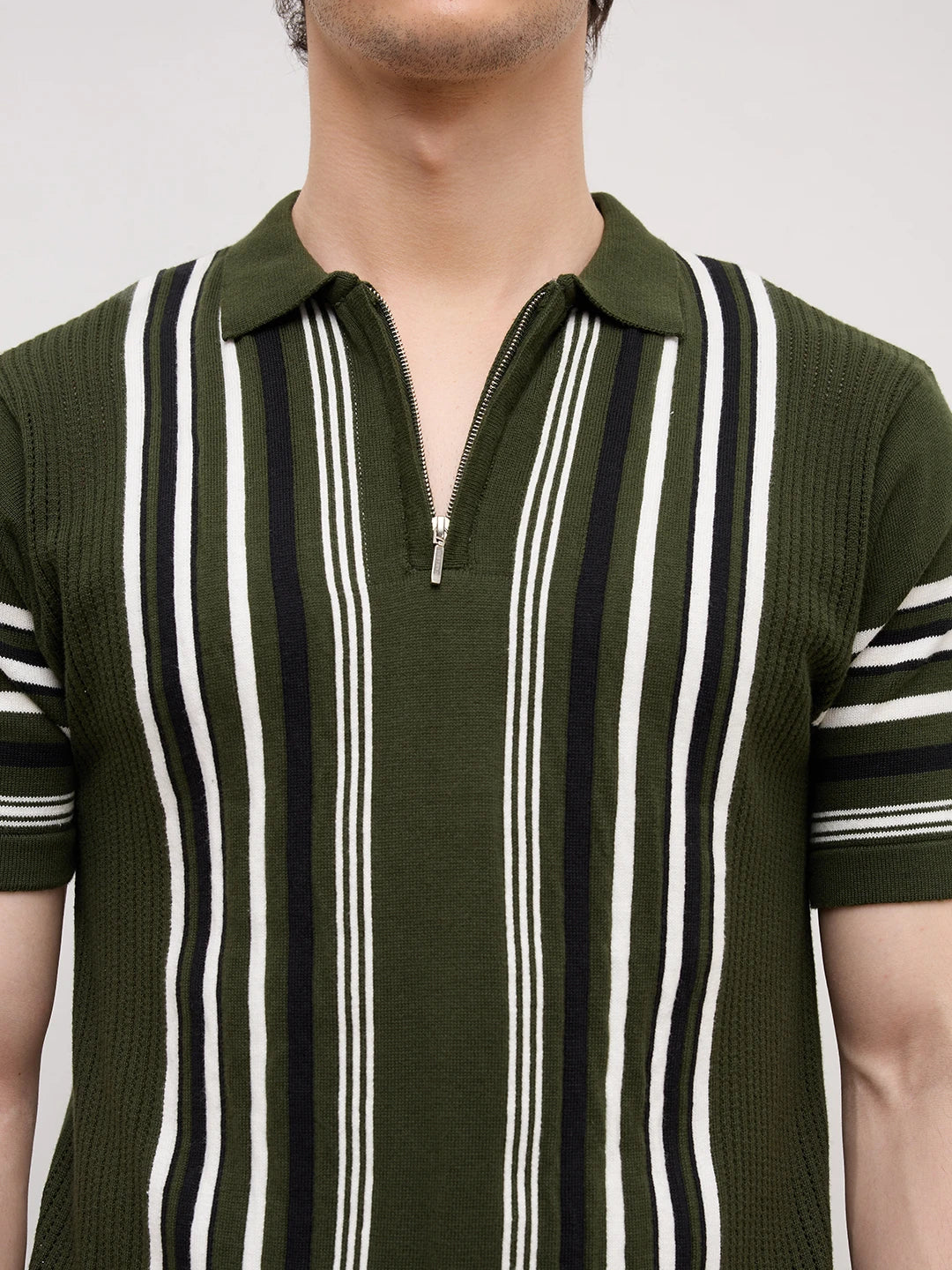 Deep Olive Vertical Striped Flat Knit Zip Polo T-Shirt
