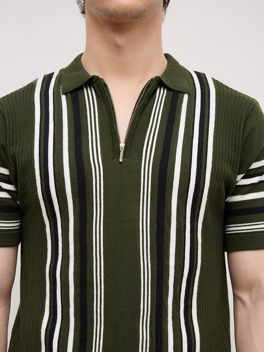 Deep Olive Vertical Striped Flat Knit Zip Polo T-Shirt