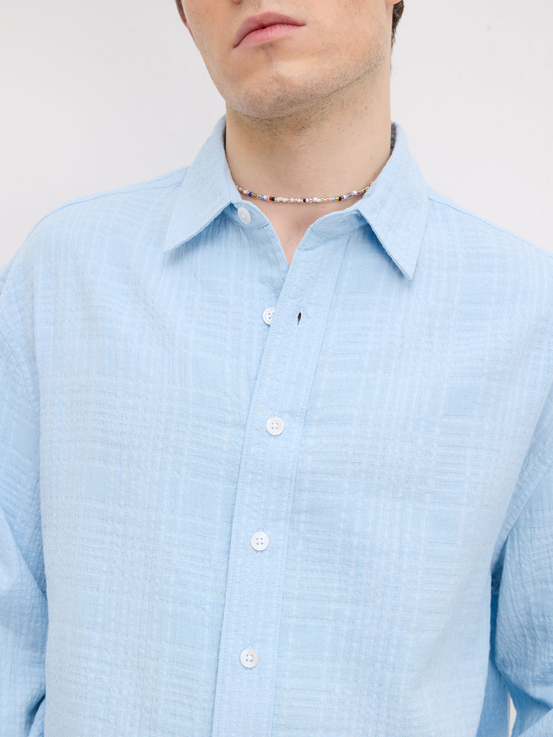 Ice Blue Geometrical Textured Boxy Fit Crop Shirt