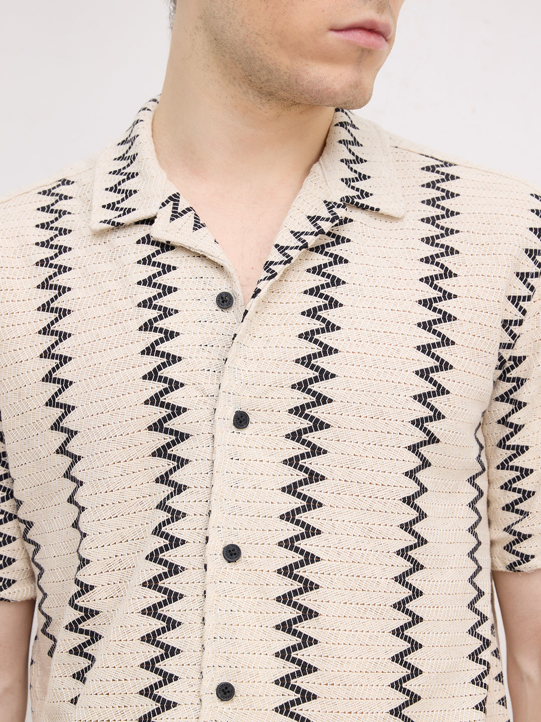 Beige & Black Chevron Striped Notch Collar Oversized Shirt