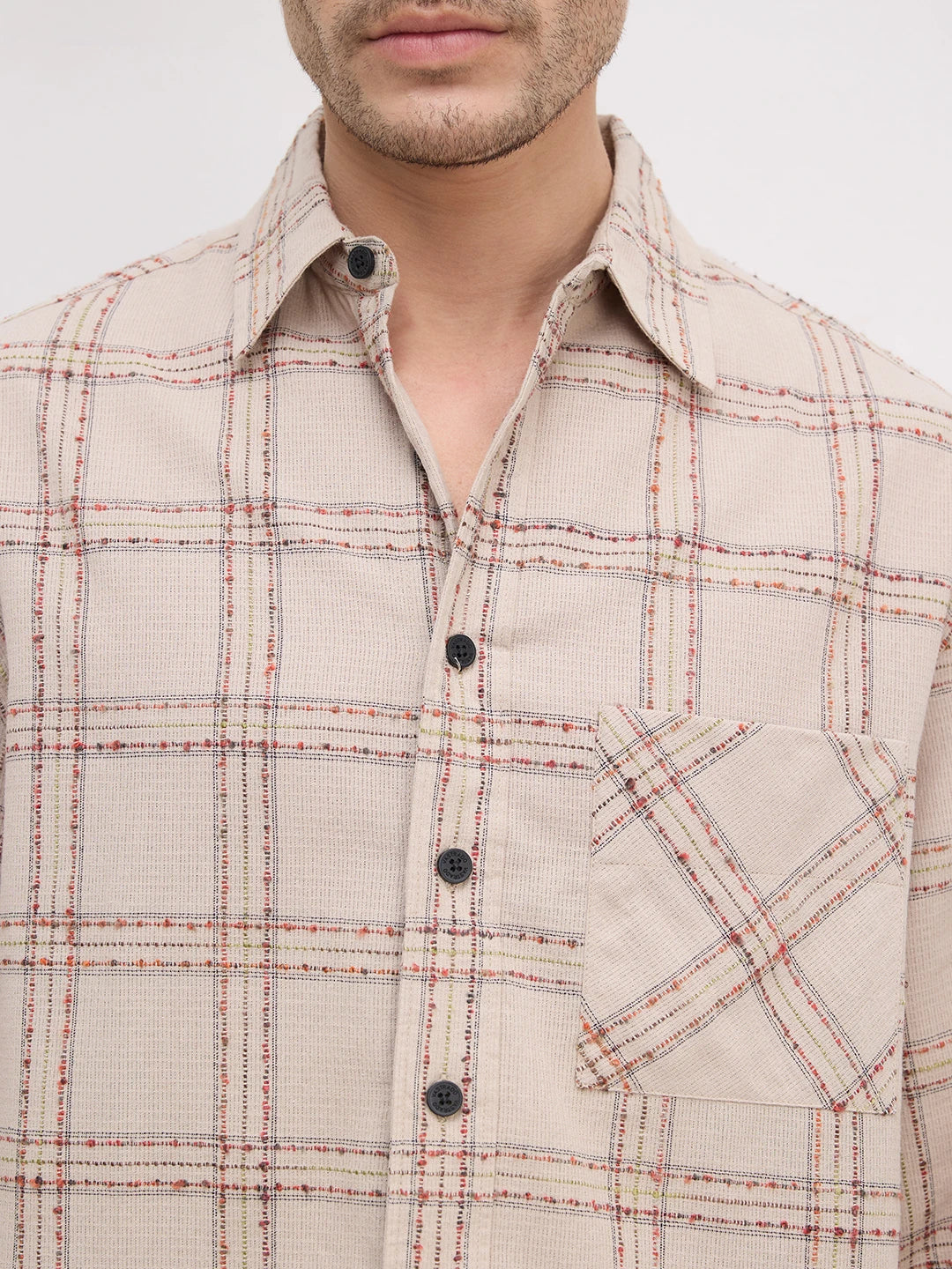 Sunbaked Canvas Weave Plaid Checks Boxy Fit Crop Shirt