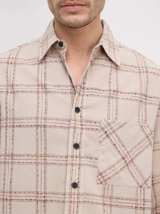 Sunbaked Canvas Weave Plaid Checks Boxy Fit Crop Shirt
