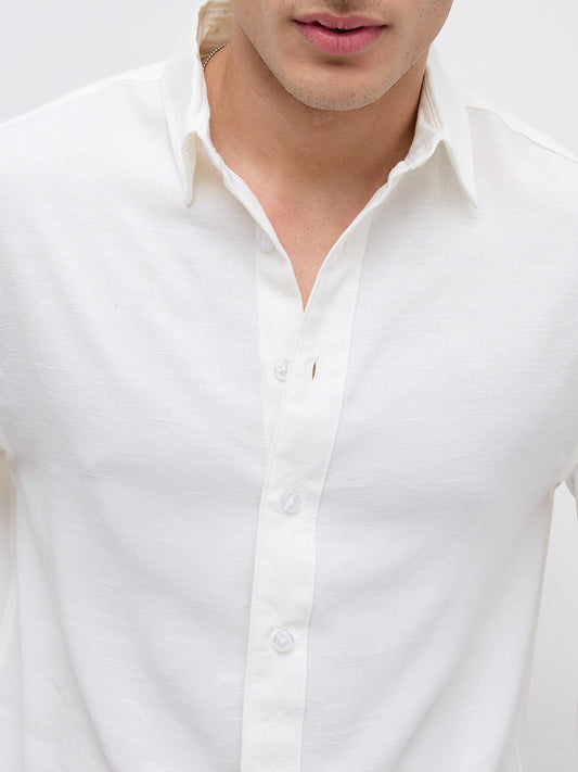 Pearl White Slub Crinkled Boxy Fit Crop Shirt