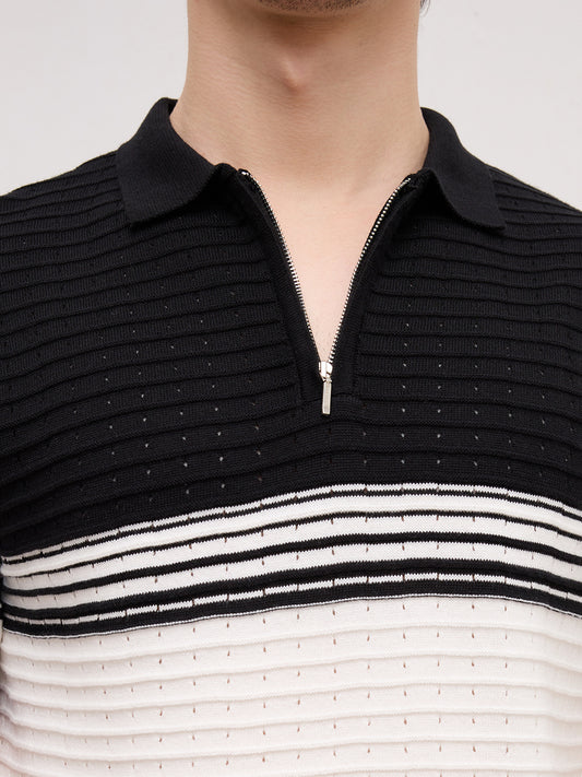 Twilight Horizon Panel Weave Zip Knit Polo T-Shirt