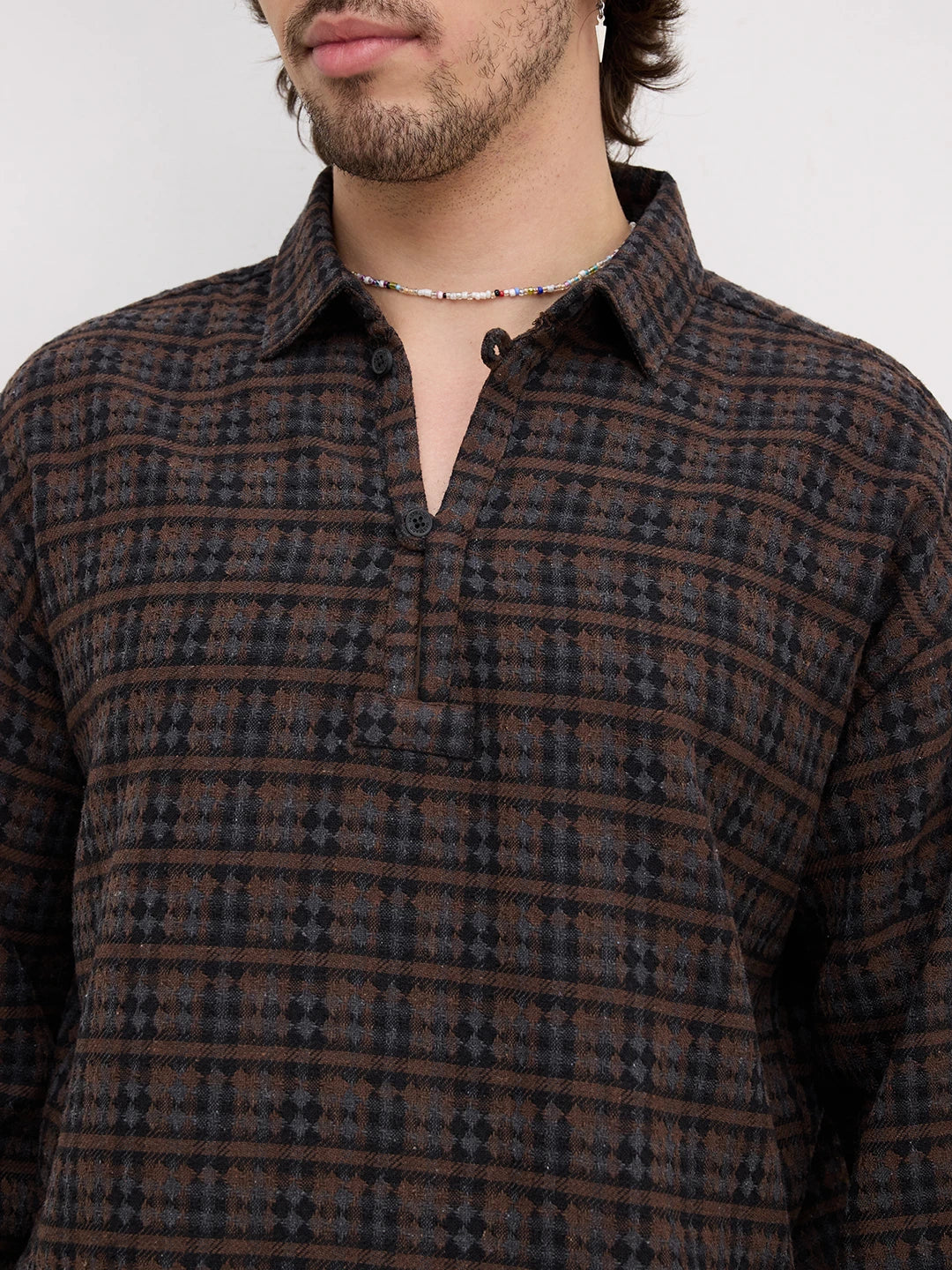 Luxe Brown Motif Panelled Loop Button Oversized Flannel Shirt