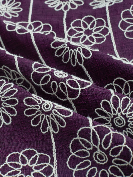 Wine Floral Embroidered Slub Shirt