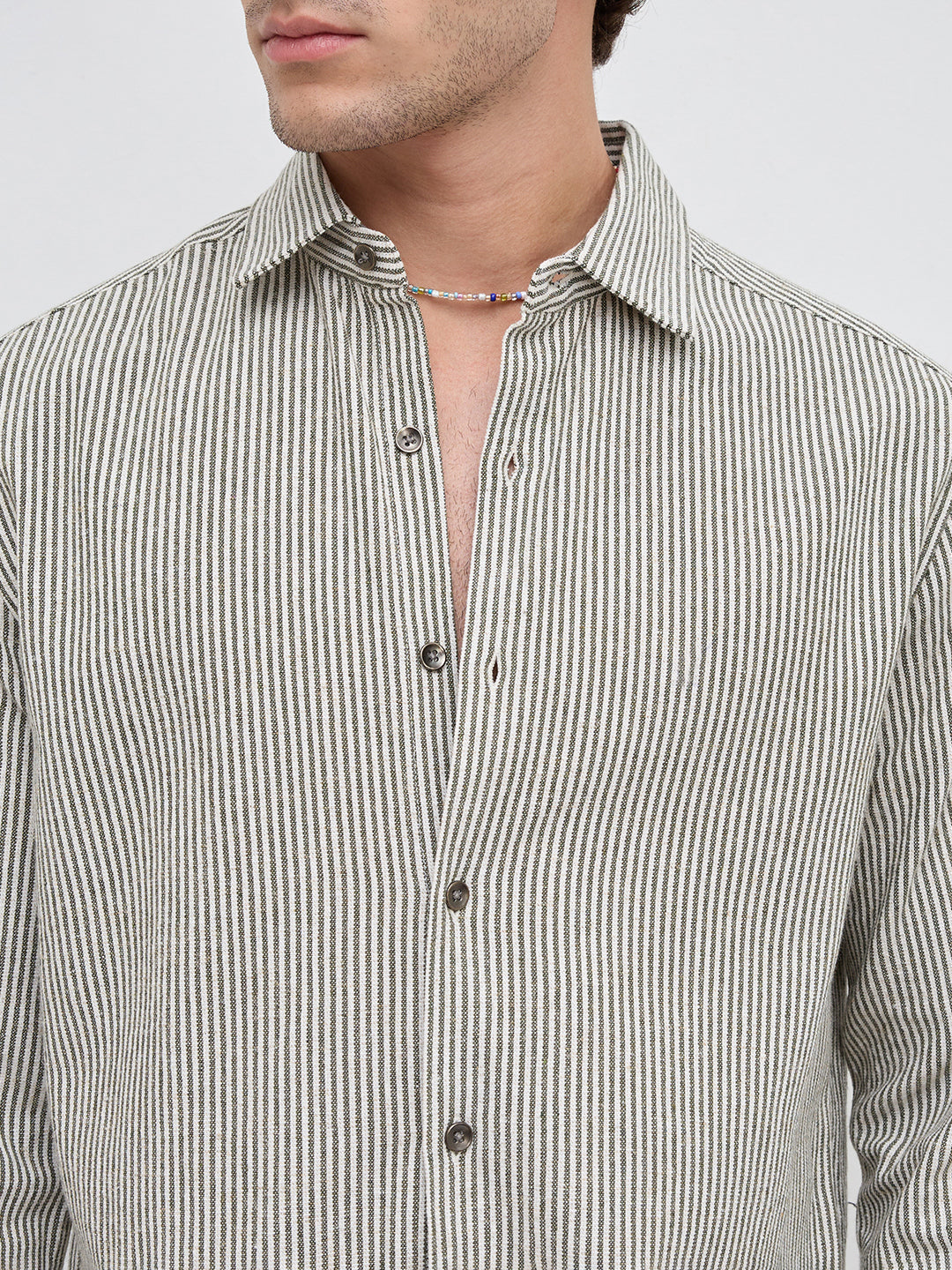 Olive & White Vertical Striped Relaxed Shirt
