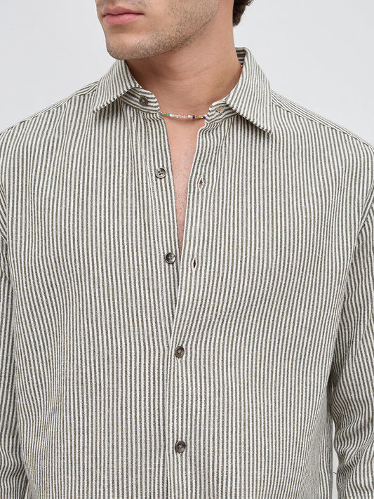 Olive & White Vertical Striped Relaxed Shirt