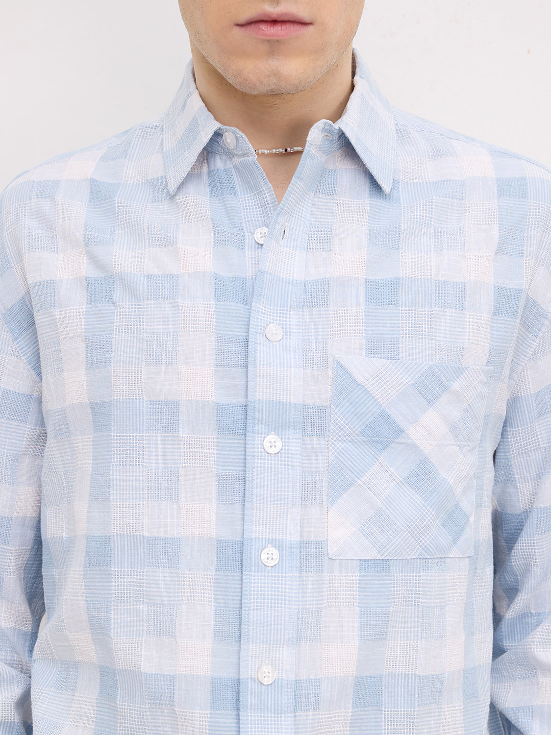 Arctic Blue Square Embossed Boxy Fit Crop Shirt