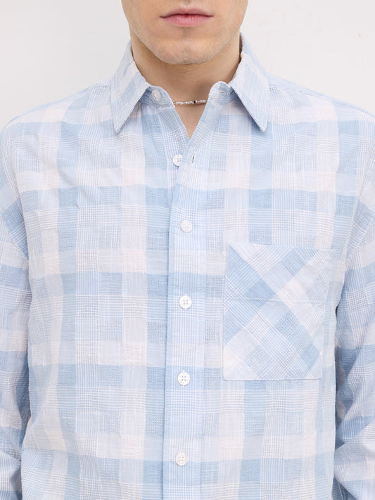 Arctic Blue Square Embossed Boxy Fit Crop Shirt