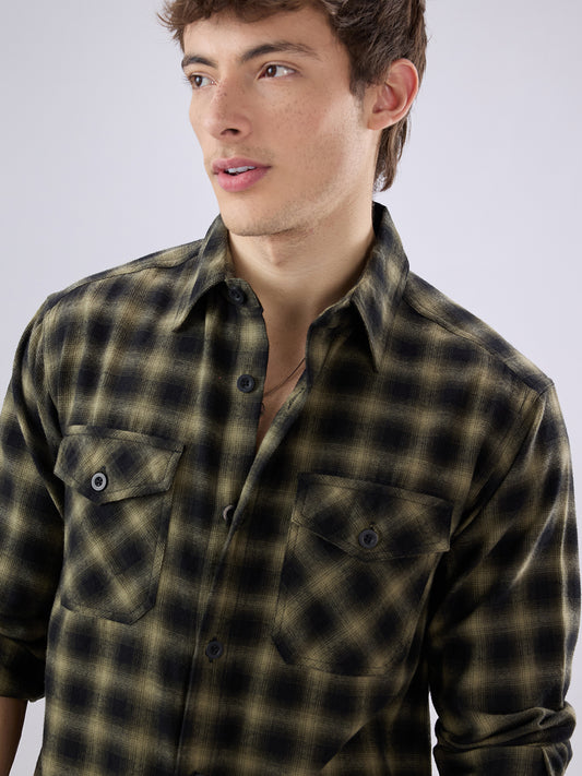 Deep Olive Soft Rustic Checks Double Pocket Shirt