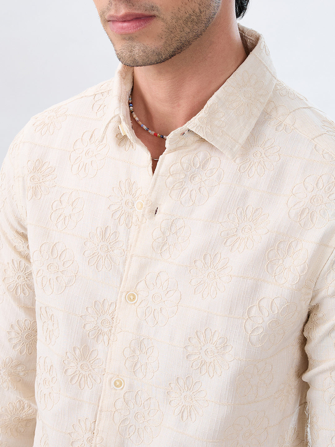 Serene Whispering Bloom Beige Embroidered Shirt
