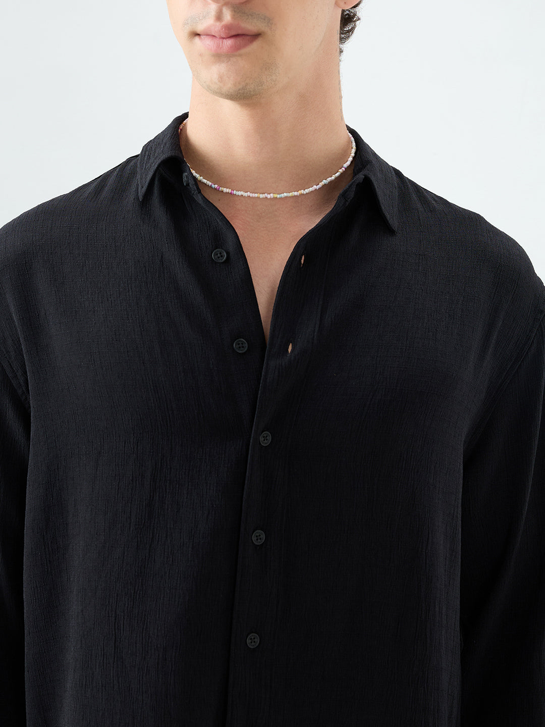 Classic Black Slub Textured Fine Weave Boxy Fit Crop Shirt