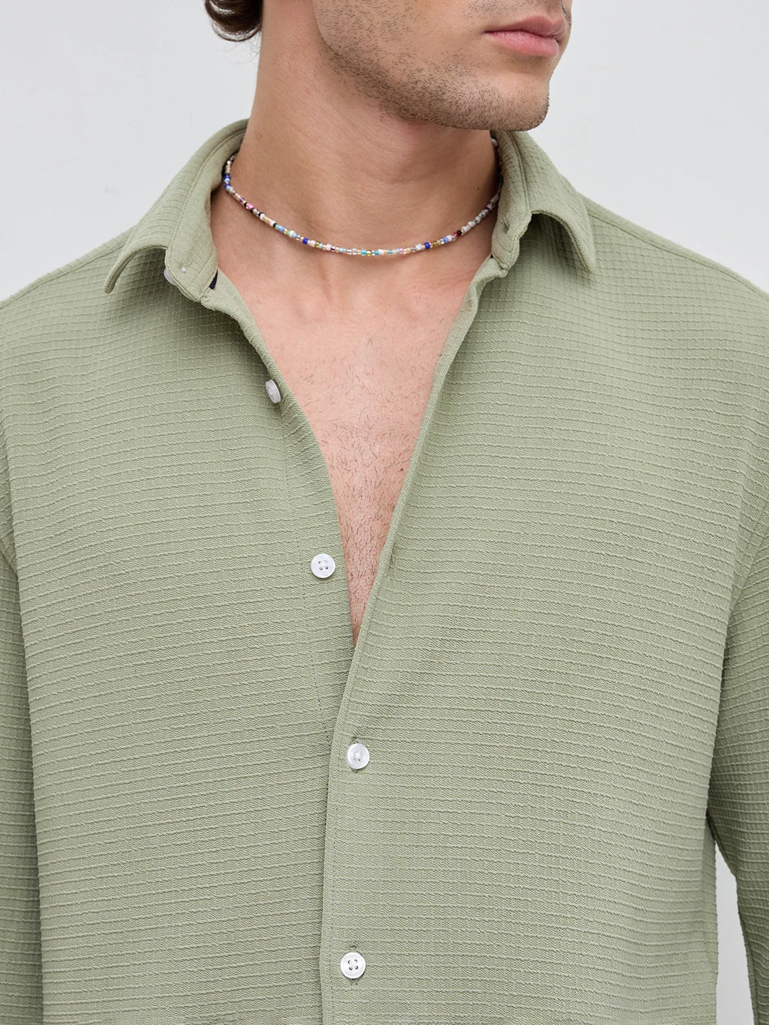 Refined Sage Green Gingham Checks Knitted Shirt