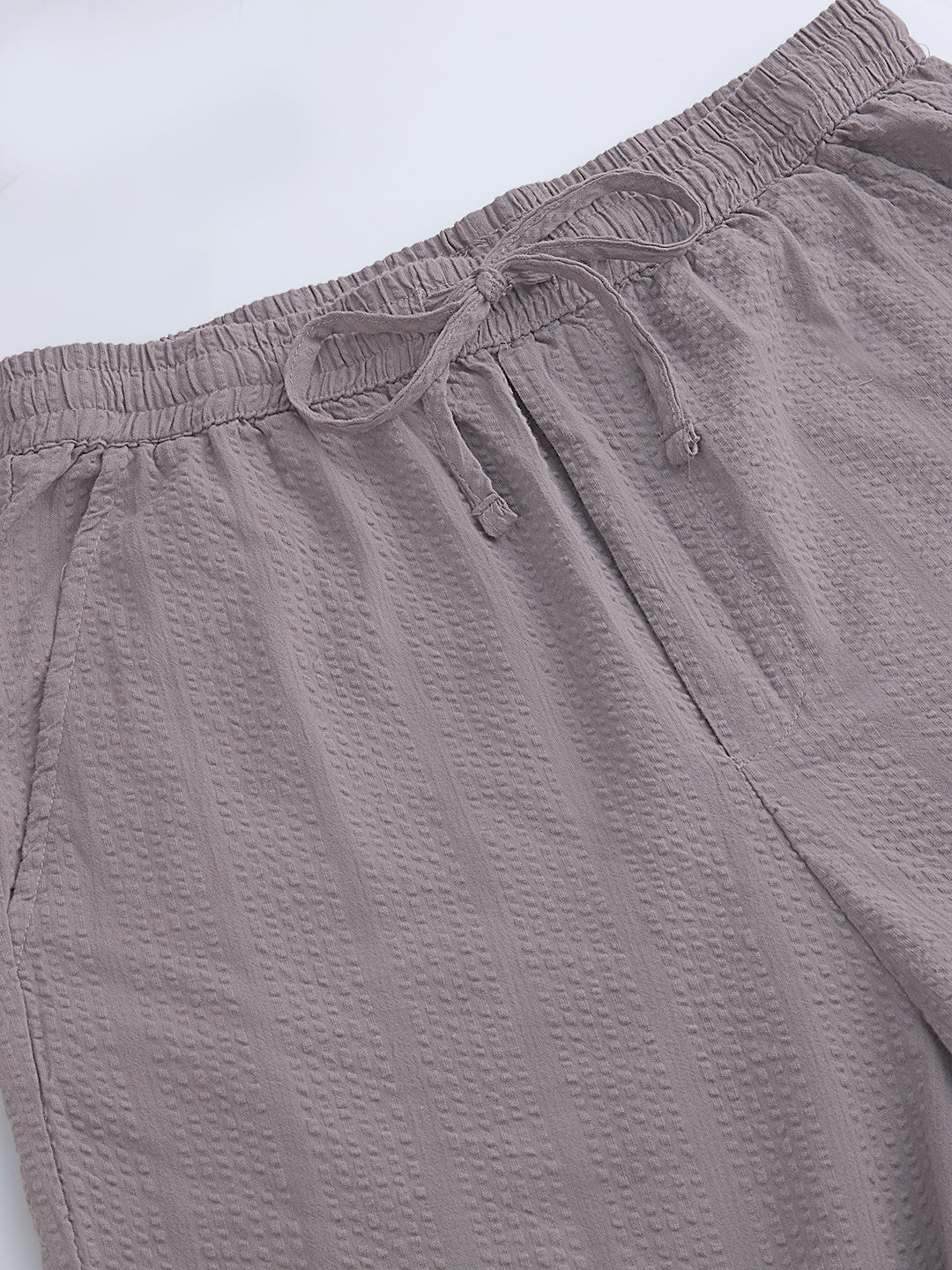 Solid Grey Seersucker Striped Straight Fit Trousers