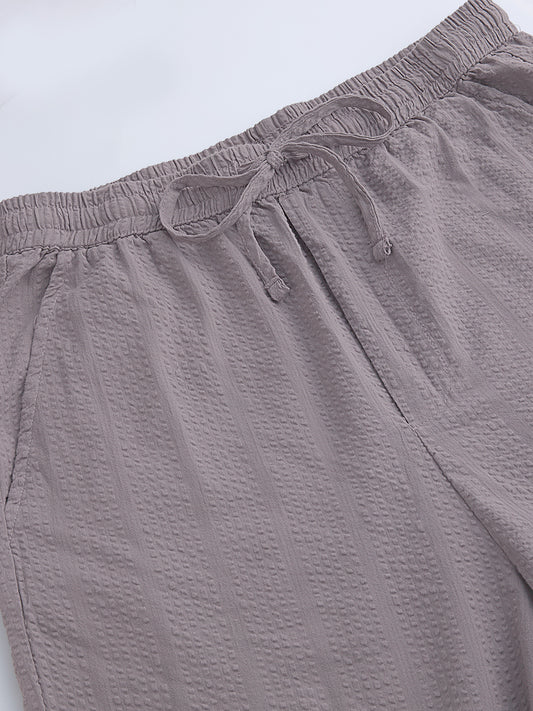 Solid Grey Seersucker Striped Straight Fit Trousers