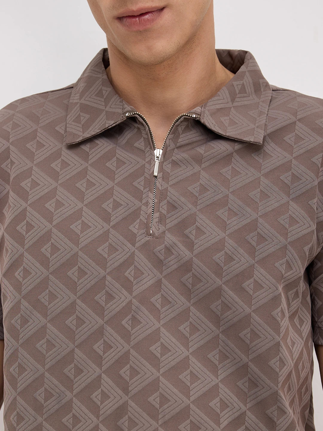 Cedar Brown Diamond Embossed Zip Polo Tee