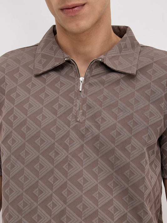 Cedar Brown Diamond Embossed Zip Polo Tee