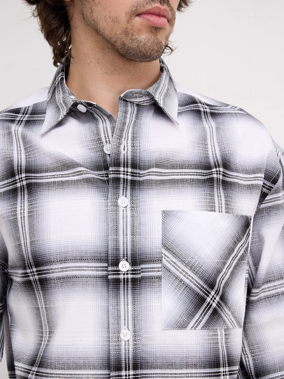 Rich Monochrome Plaid Shadow Checks Boxy Fit Crop Shirt