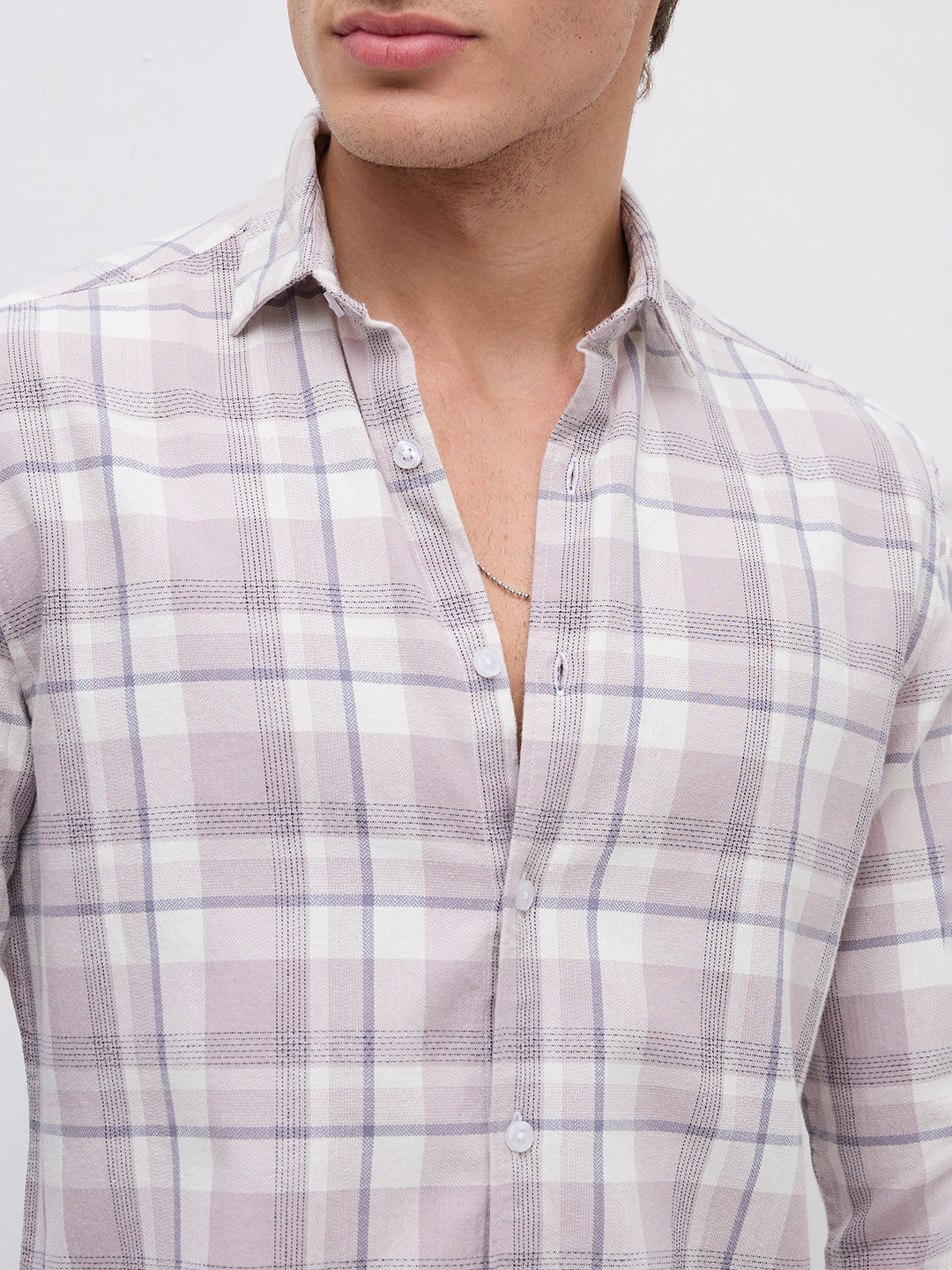 Dusty Pink Micro Herringbone Windowpane Checks Shirt