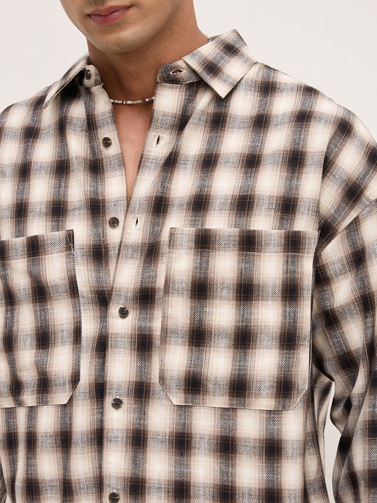 Beige & Black Tartan checks Double pocket Boxy Fit Crop Shirt