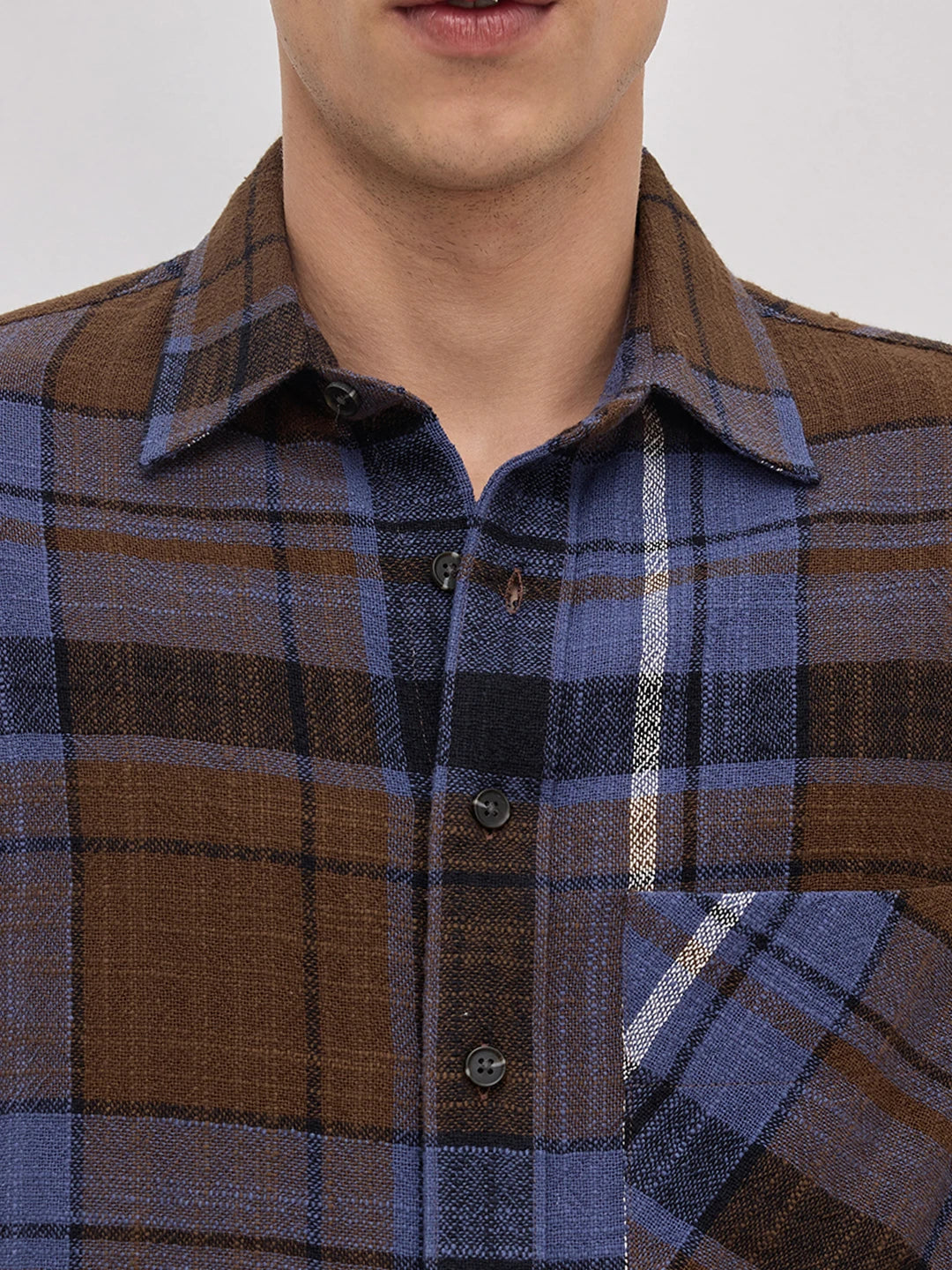Effortless  Brown & Blue Glen Checks Cuffless Oversized Crop Shirt