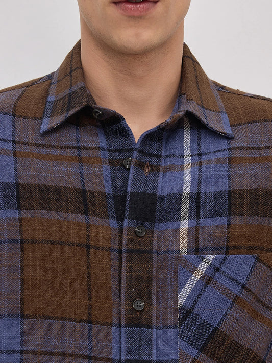Effortless  Brown & Blue Glen Checks Cuffless Oversized Crop Shirt