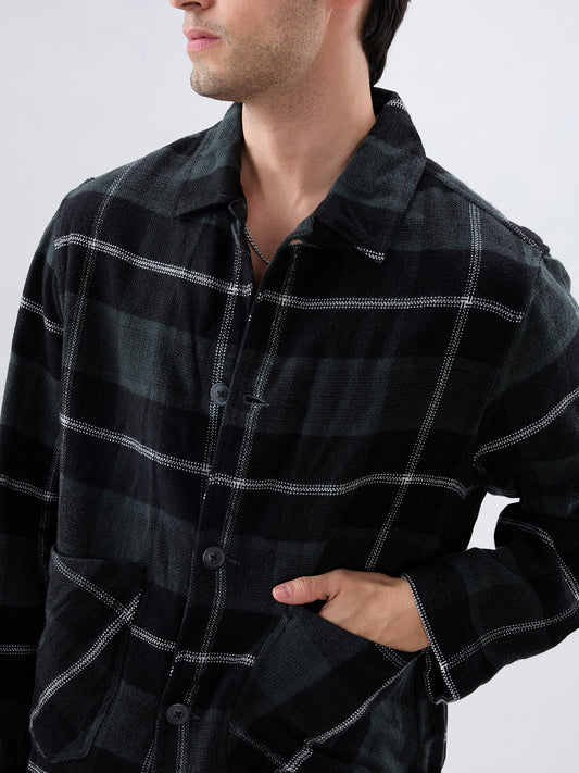 Black Flannel Plaid Checks Oversized Double Pocket Cropped Shacket