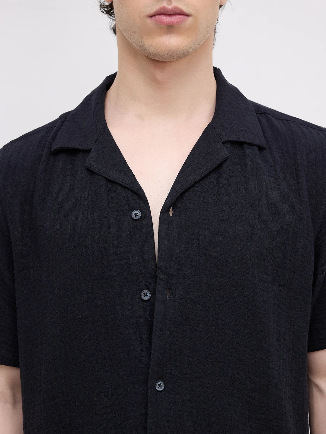 Black Double Cloth Notch Collar Oversized Shirt