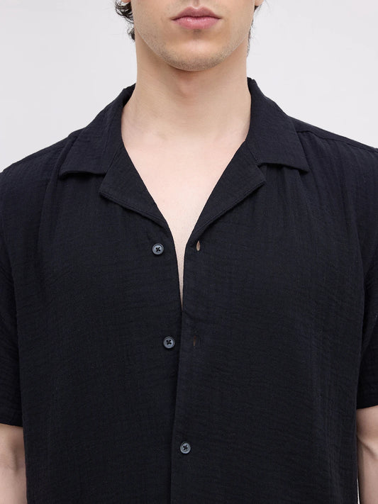 Black Double Cloth Notch Collar Oversized Shirt