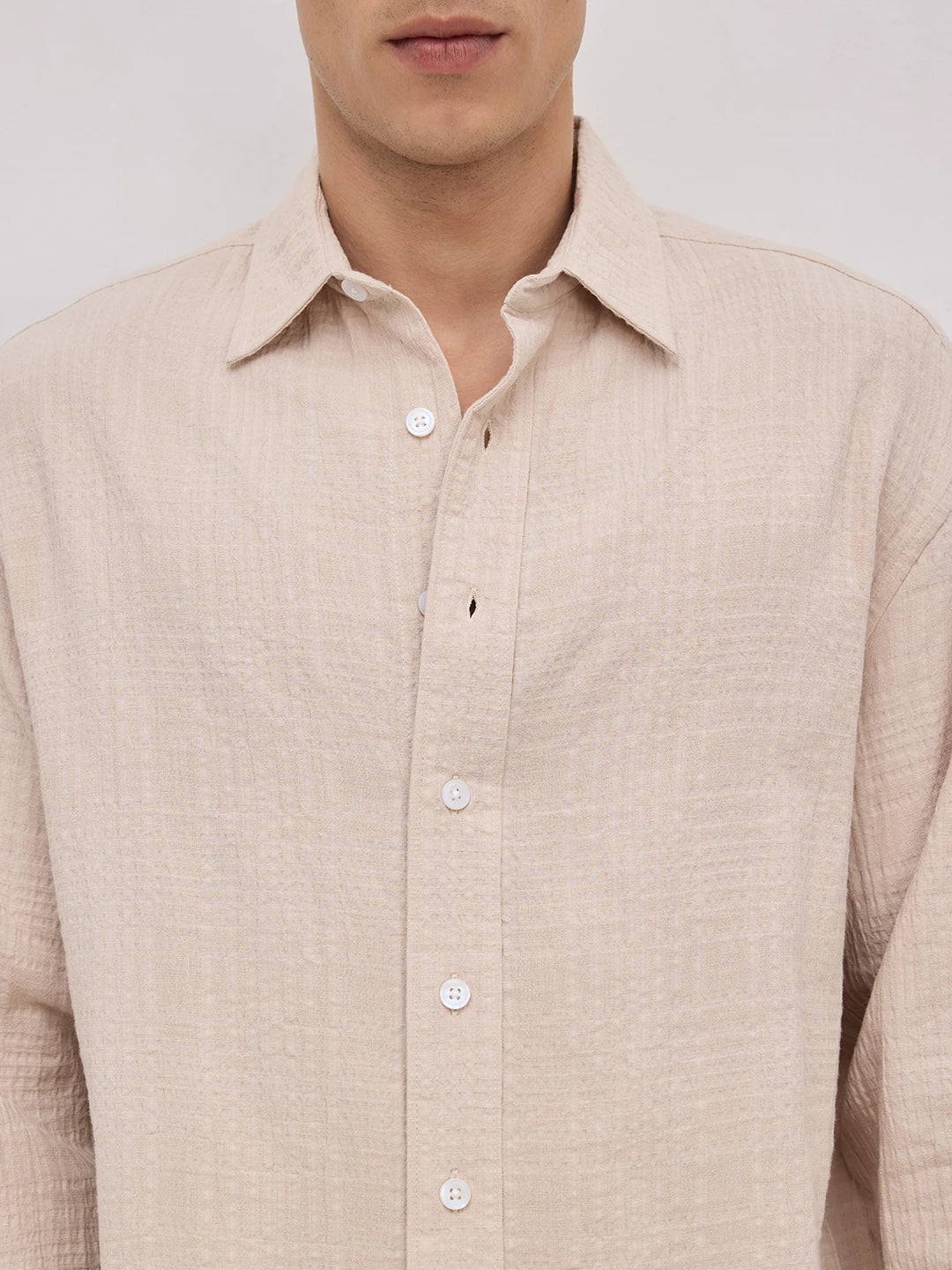 Beige Double Cloth Gauze Textured Boxy Fit Crop Shirt