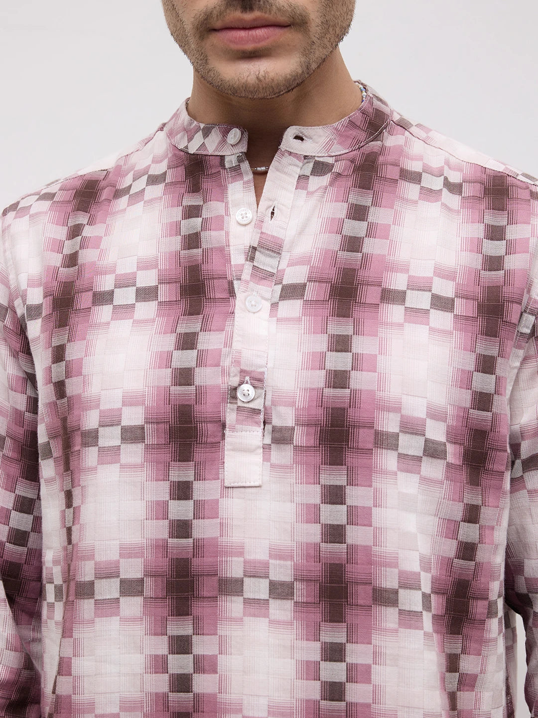 Turkish Rose Pink Pixel Block Checks Kurta