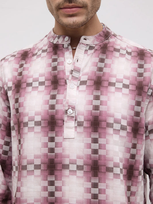 Turkish Rose Pink Pixel Block Checks Kurta