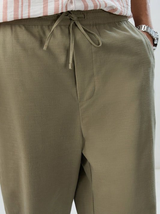 Olive Subtle HerrigboneTextured Straight-Fit Trousers