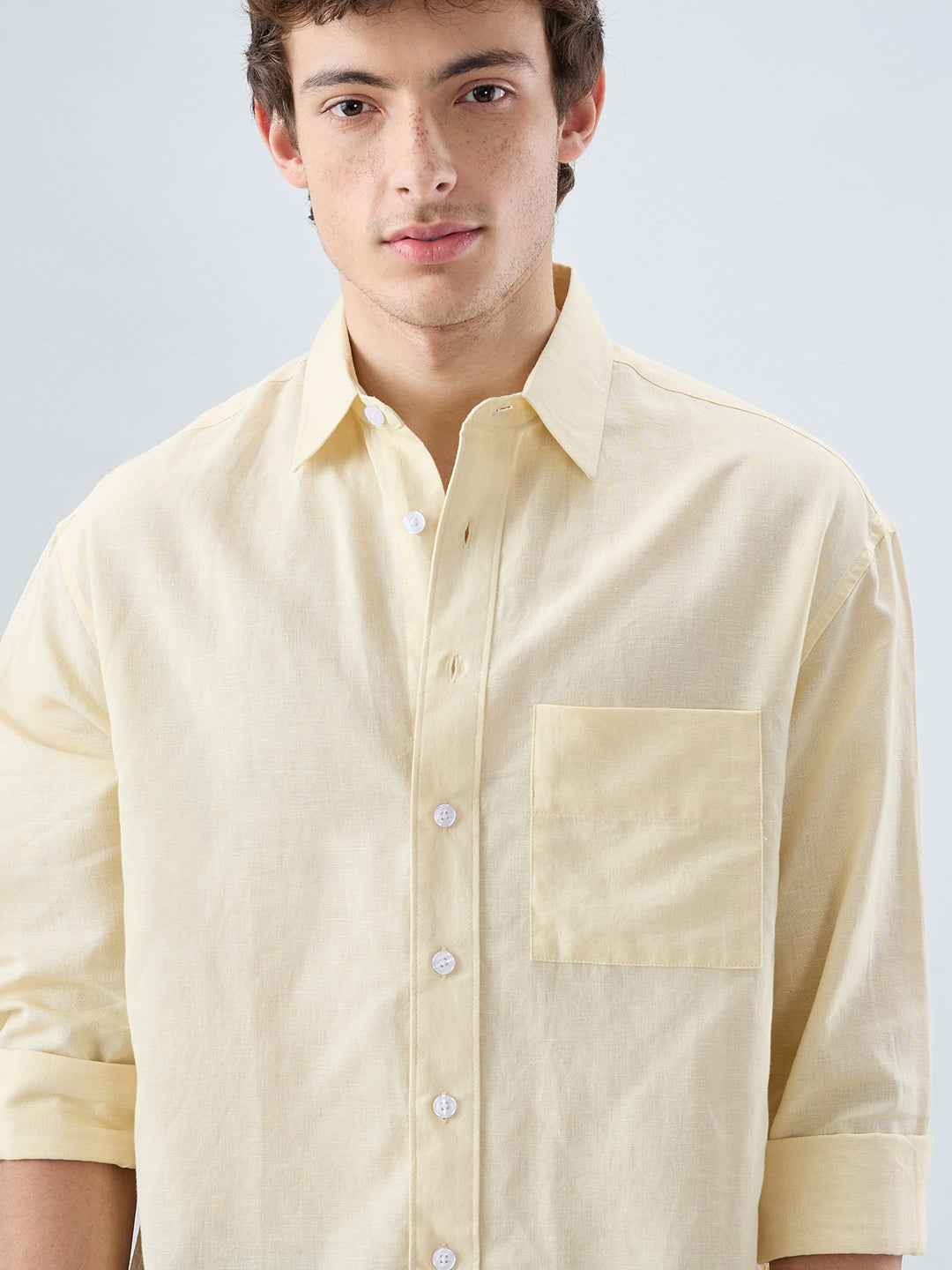 Luxe Butter Yellow Fine Sheer Linen Blend Boxy Fit Crop Shirt