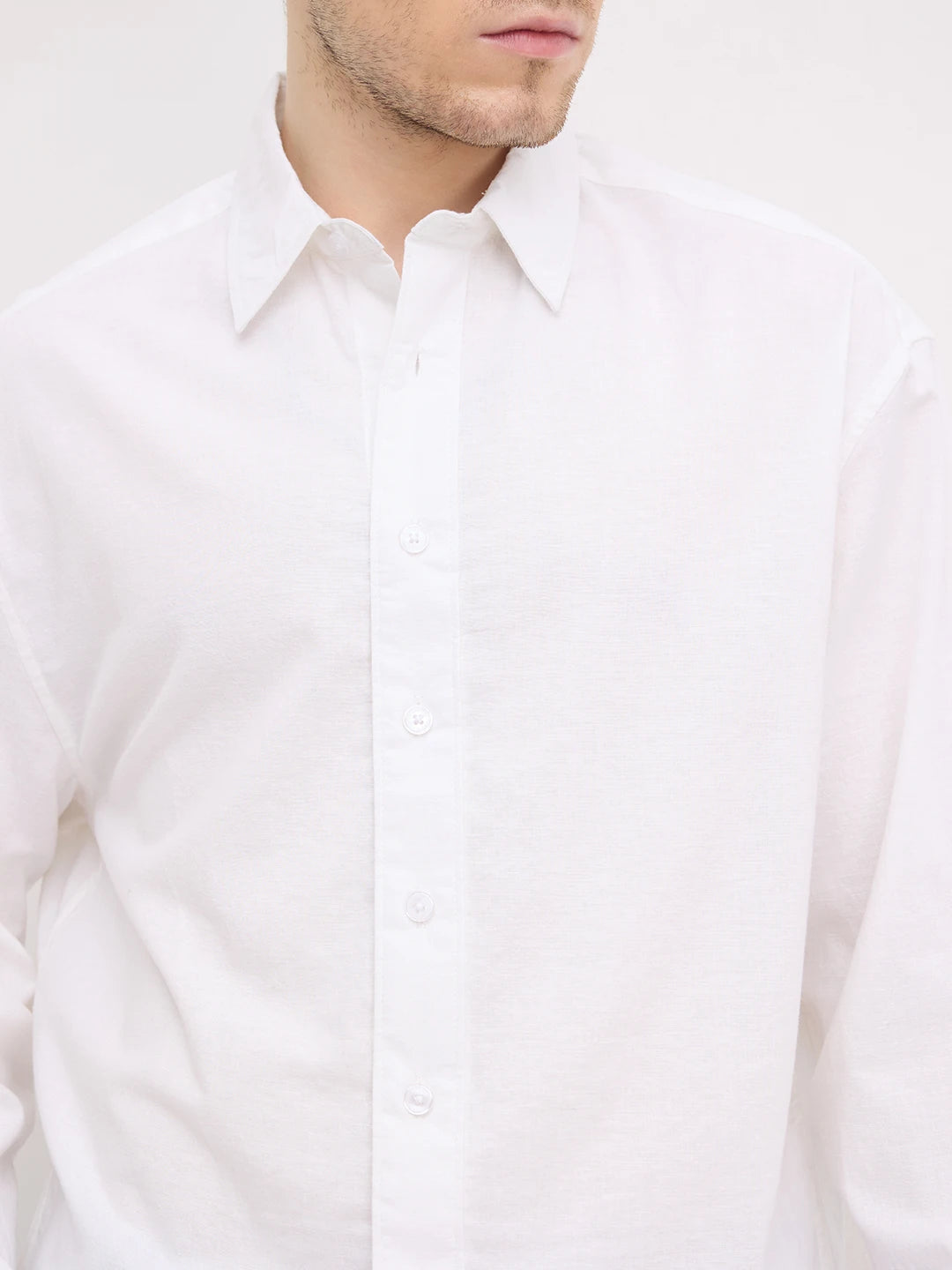 Pearl White Linen Blend Boxy Fit Crop Shirt